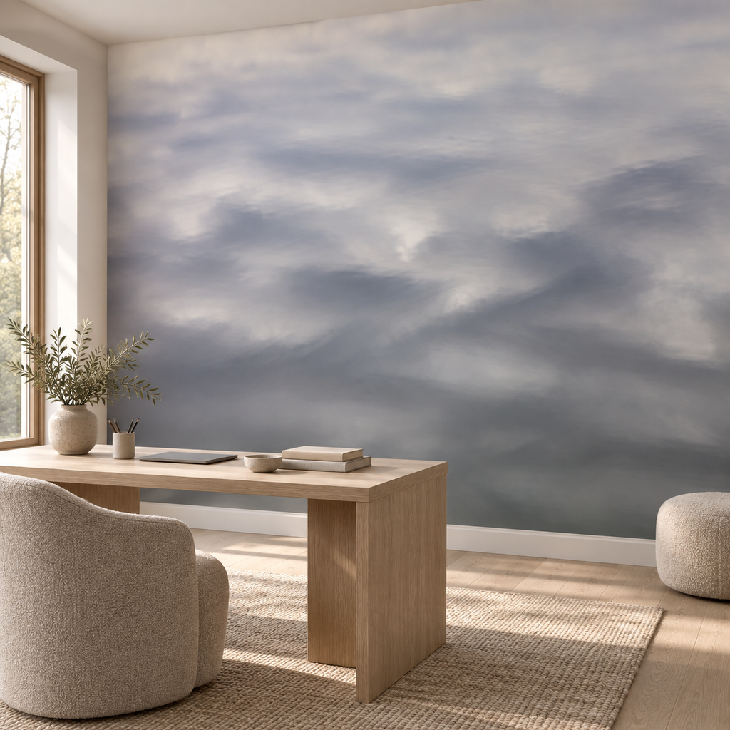 Misty Horizon, peel and stick wallpaper styled on a feature wall