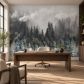 Misty Pines, peel and stick wallpaper styled on a feature wall