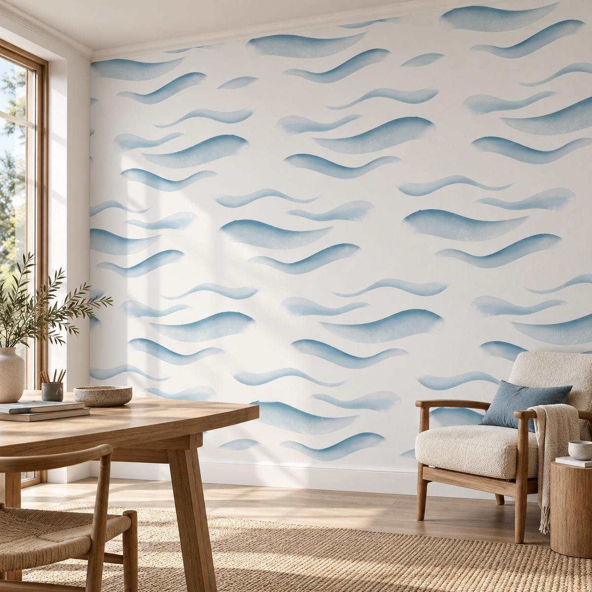Misty Waves, peel and stick wallpaper styled on a feature wall