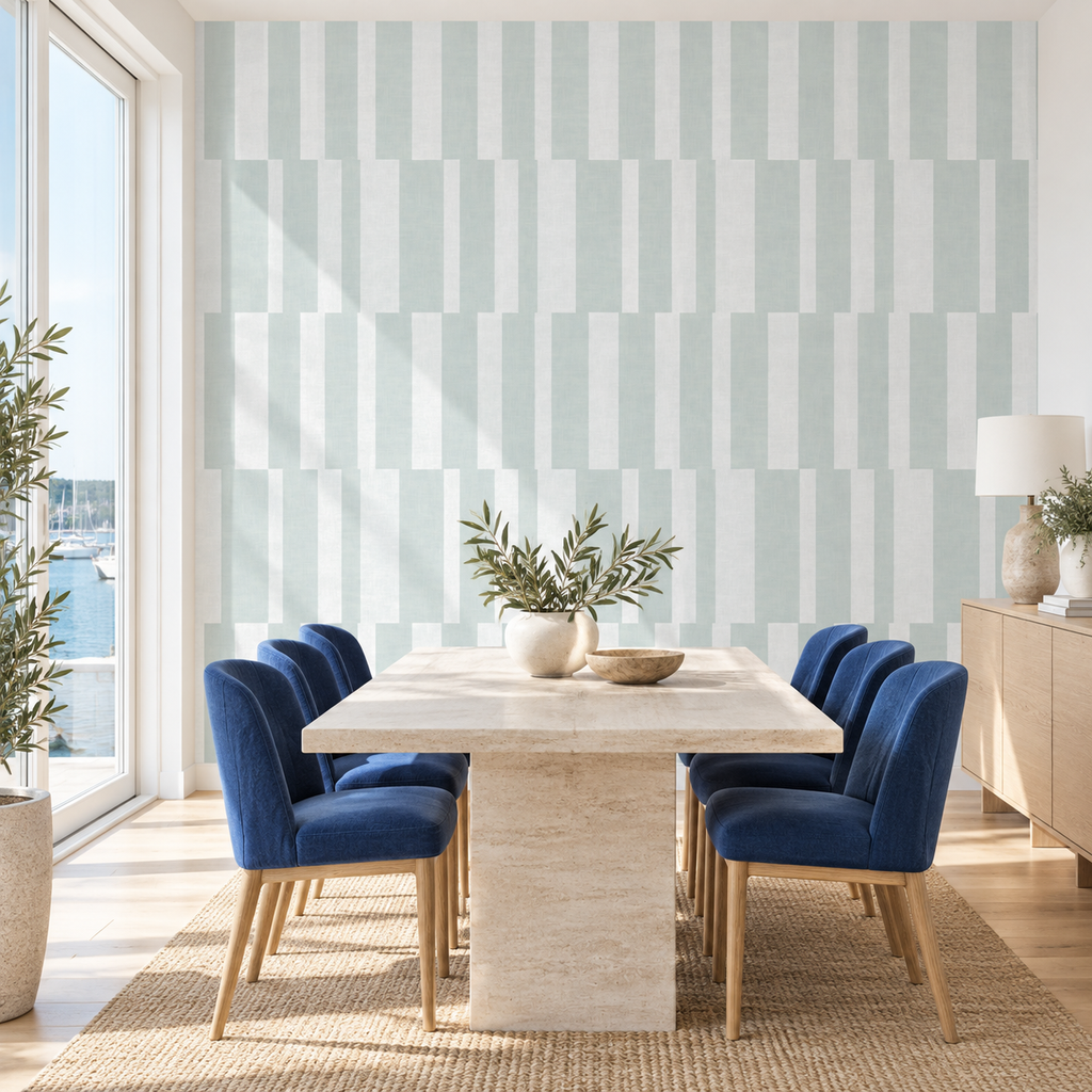 Modern Geometric Stripe in Aqua Blue by Sarah Thorpe, peel and stick wallpaper styled on a feature wall