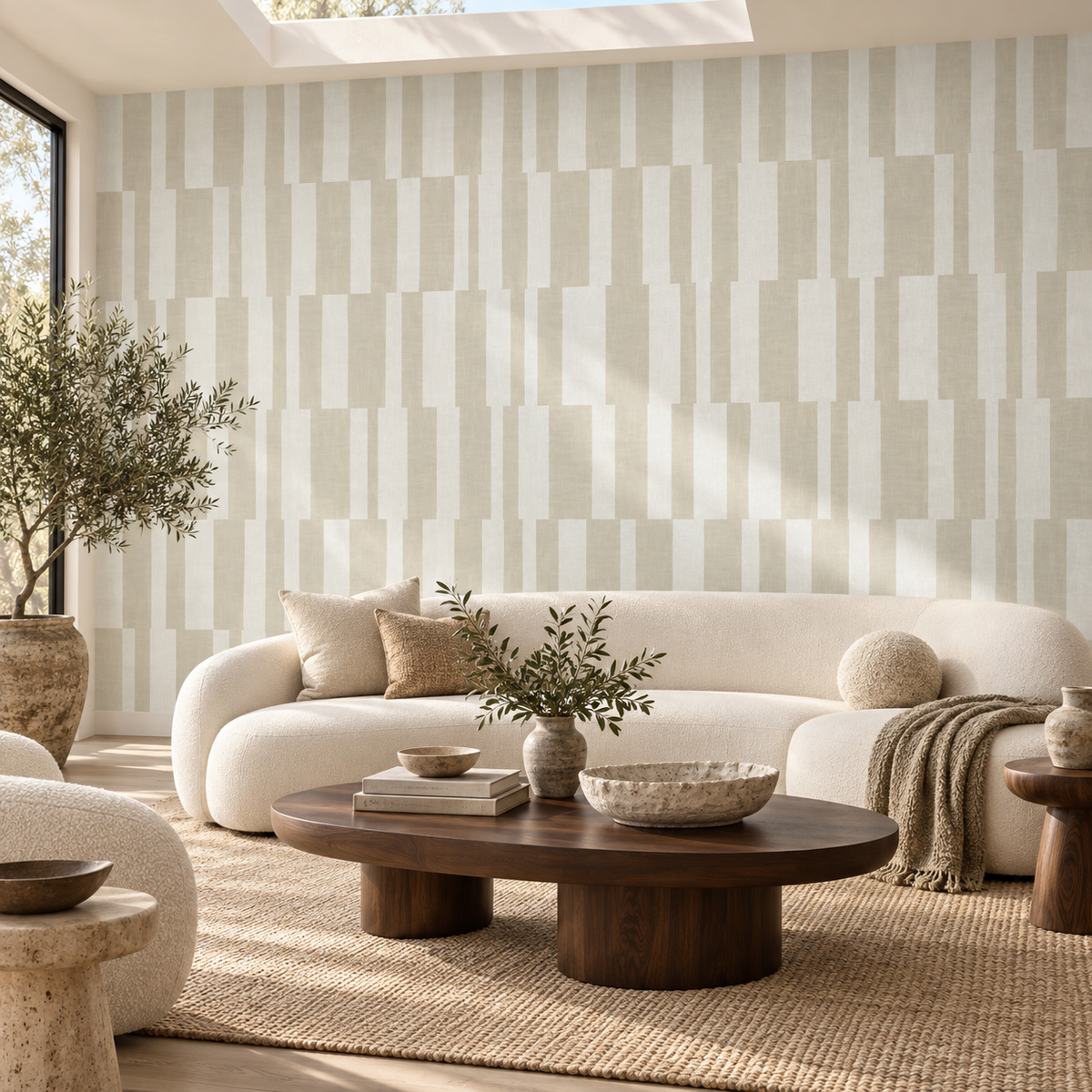 Modern Geometric Stripe in Light Beige by Sarah Thorpe, peel and stick wallpaper styled on a feature wall