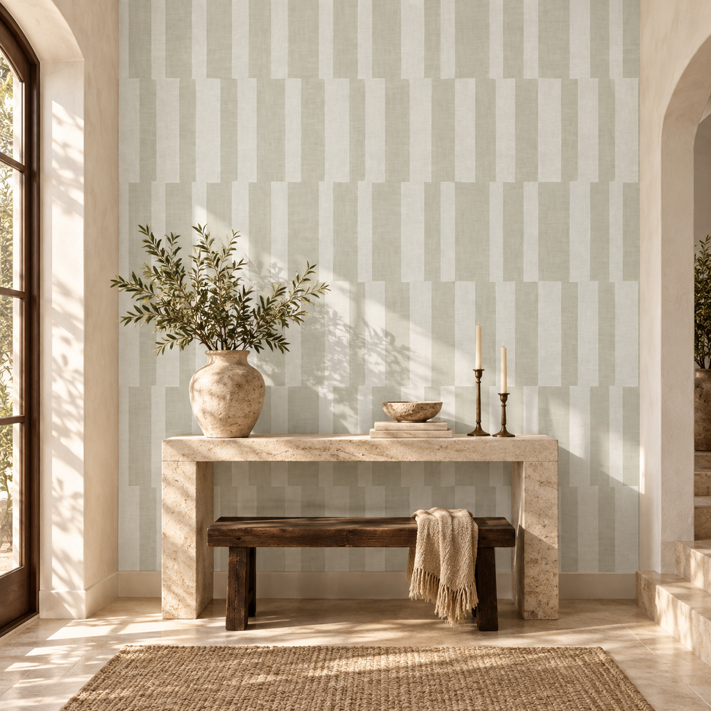 Modern Geometric Stripe in Natural Stone by Sarah Thorpe, peel and stick wallpaper styled on a feature wall
