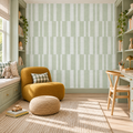 Modern Geometric Stripe in Pale Green by Sarah Thorpe, peel and stick wallpaper styled on a feature wall