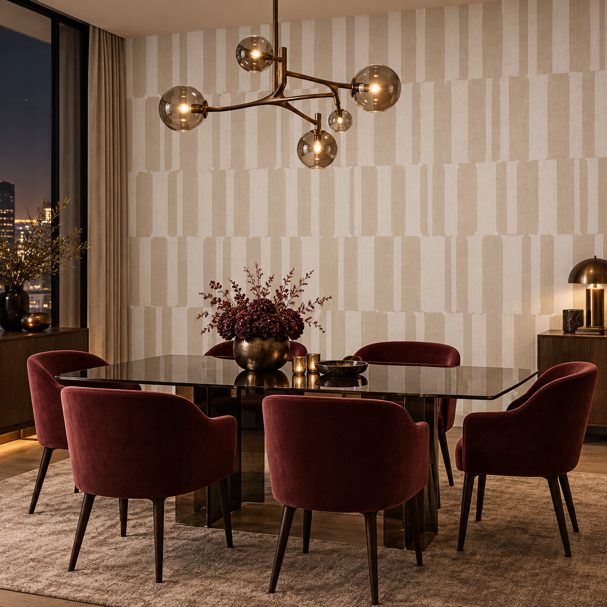 Modern Geometric Stripe in Warm Beige by Sarah Thorpe, peel and stick wallpaper styled on a feature wall