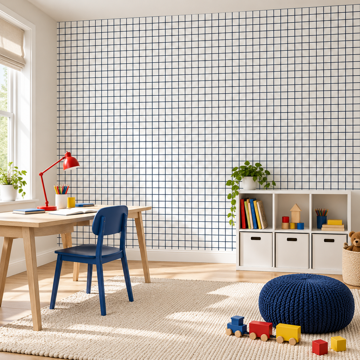 Modern Grid peel and stick wallpaper styled on a feature wall