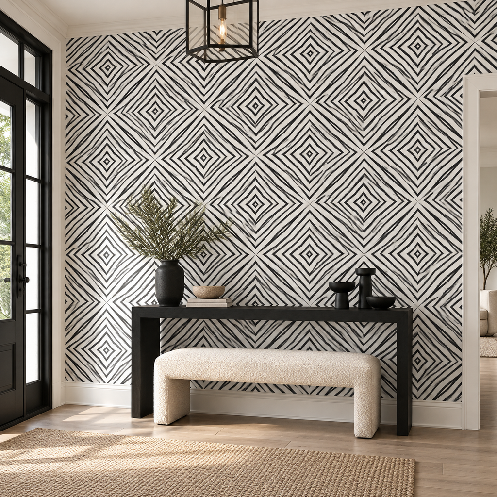 Monochrome Diamond, peel and stick wallpaper styled on a feature wall