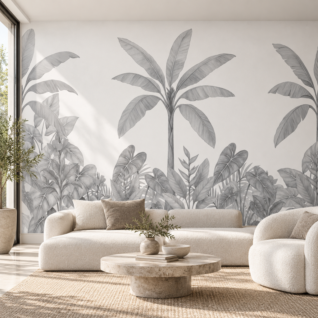 Monochrome Palms, peel and stick wallpaper styled on a feature wall