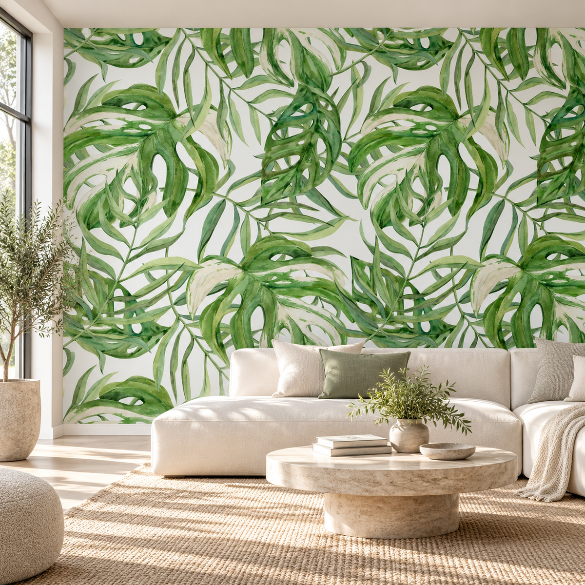 Monstera Layers, peel and stick wallpaper styled on a feature wall