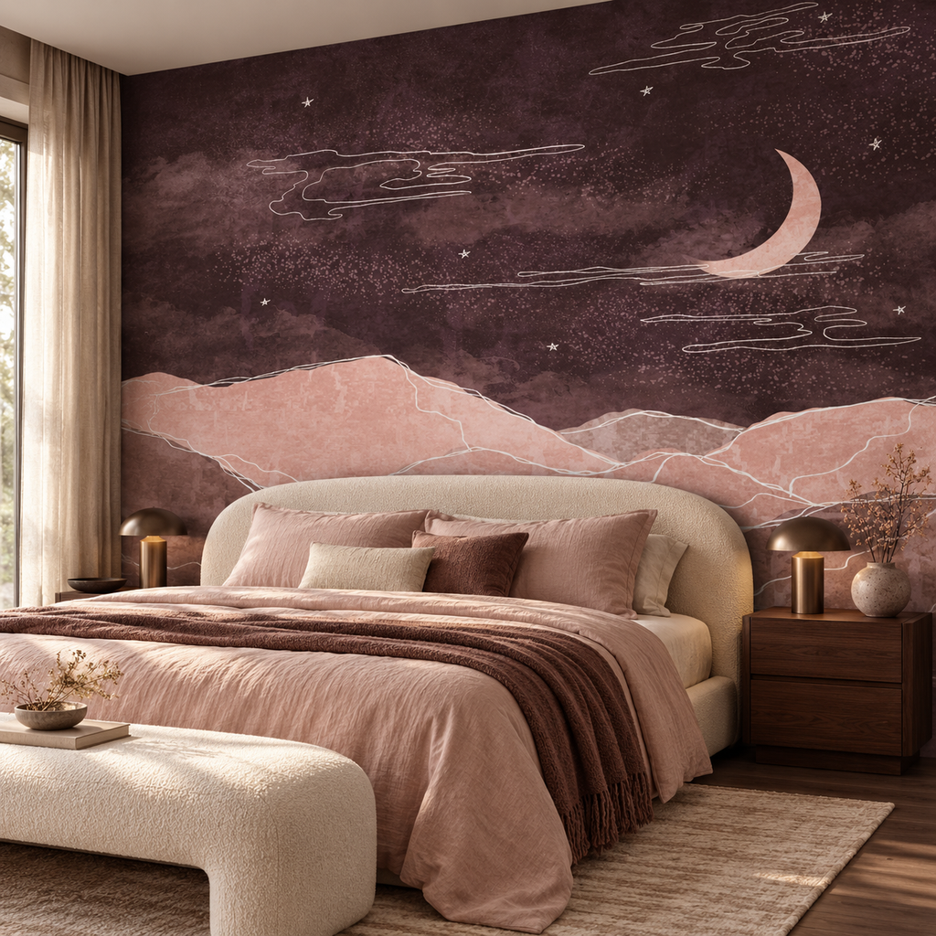 Moonlit Blush, wallpaper mural styled on a feature wall
