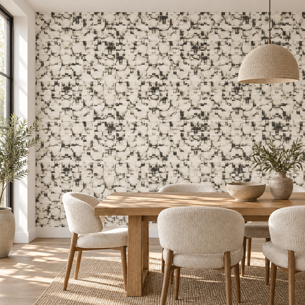 Mosaic Echo, peel and stick wallpaper styled on a feature wall