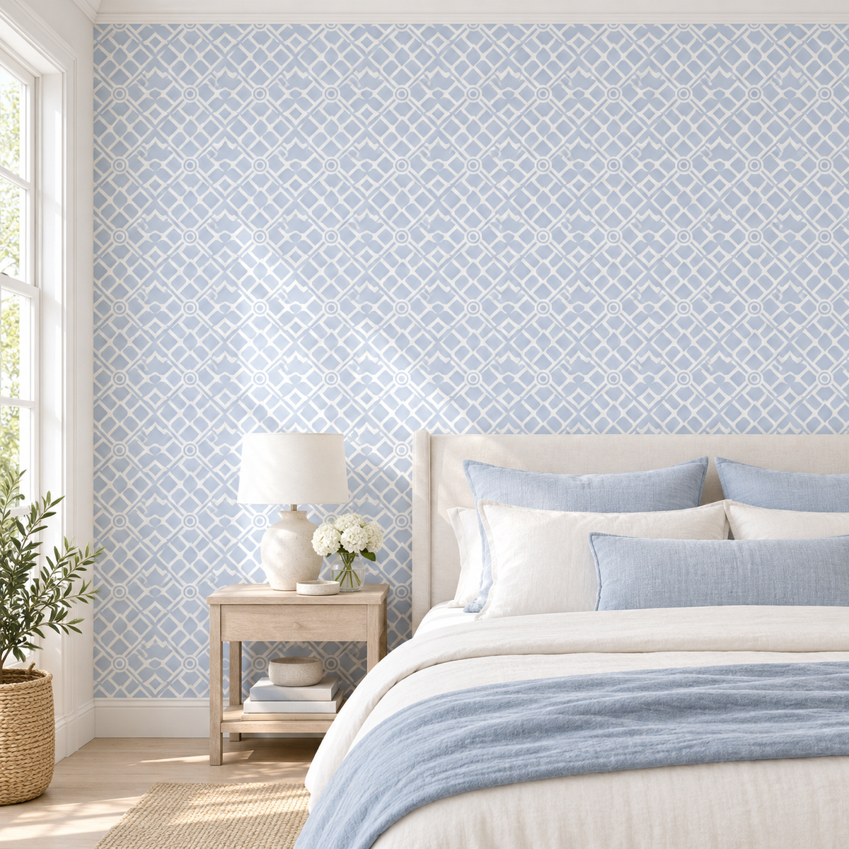 Mosaic Grid, peel and stick wallpaper styled on a feature wall