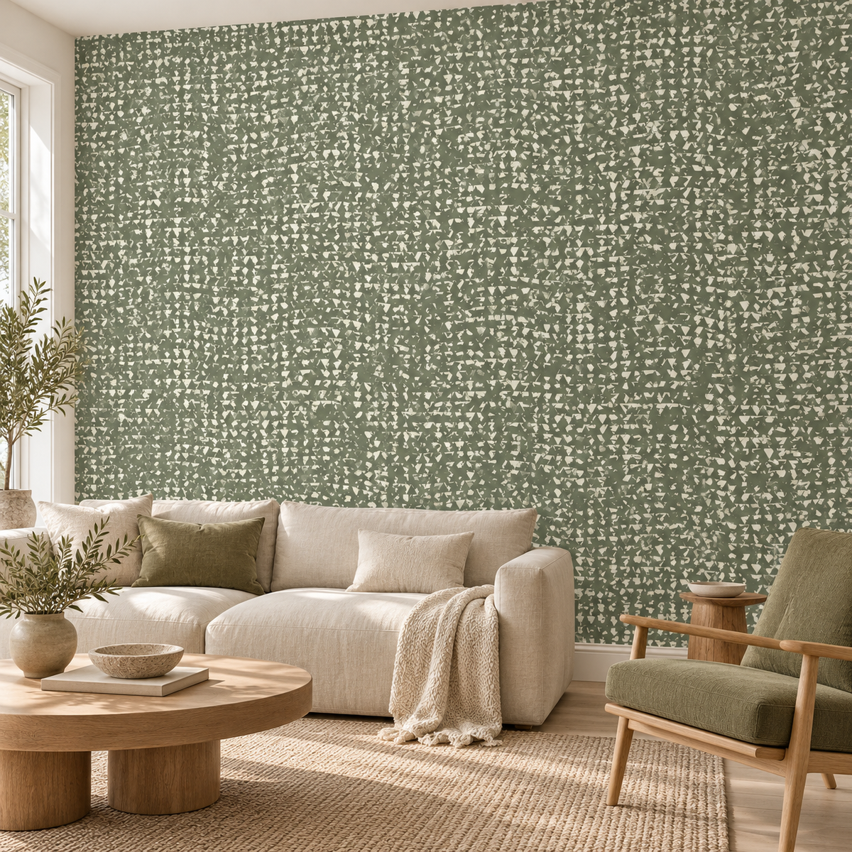 Moss Texture, peel and stick wallpaper styled on a feature wall