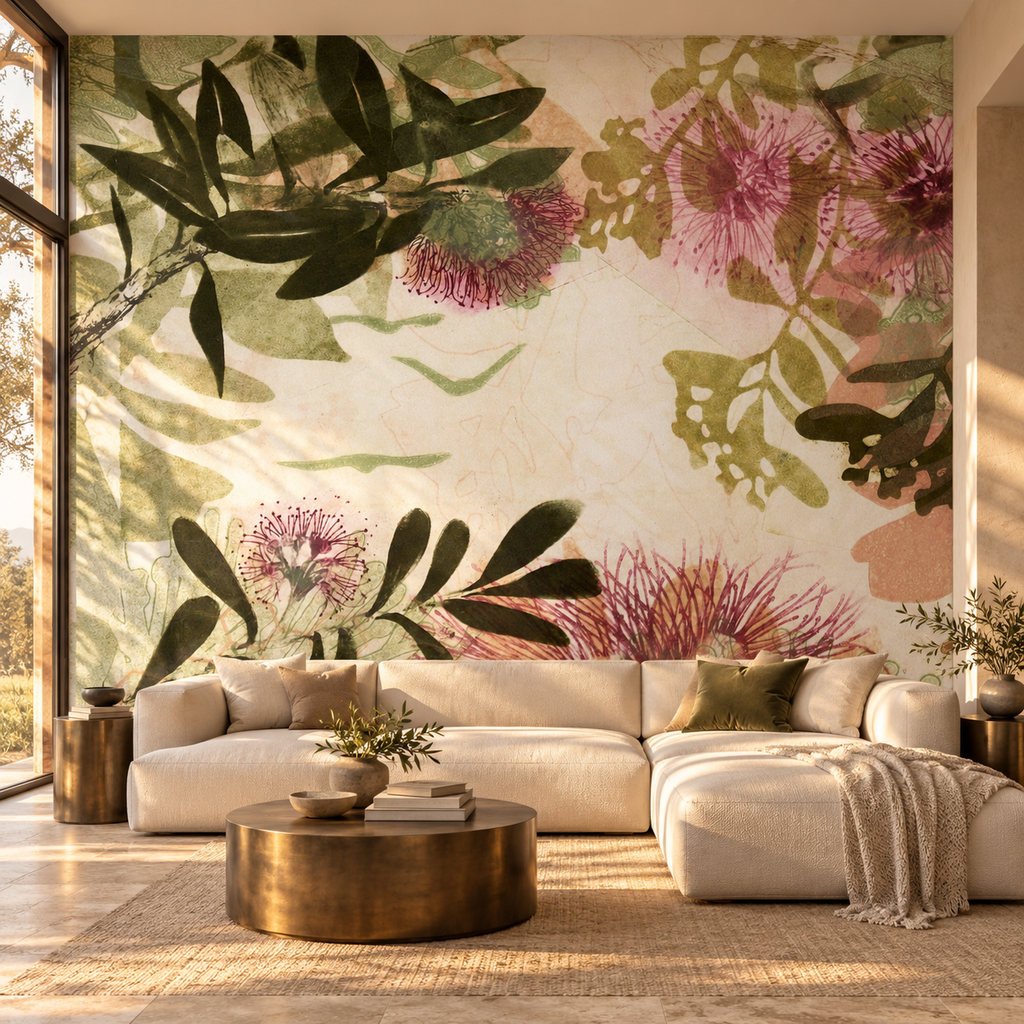 Golden Hour mural by Trudy Rice, peel and stick wallpaper mural styled on a feature wall