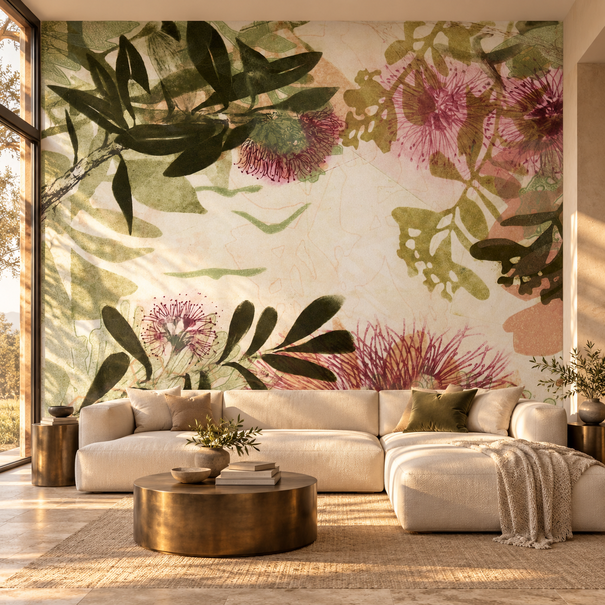 Golden Hour mural by Trudy Rice, peel and stick wallpaper mural styled on a feature wall