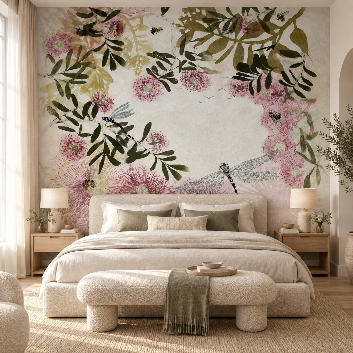 The Gentle Pause mural by Trudy Rice, peel and stick wallpaper mural styled on a feature wall