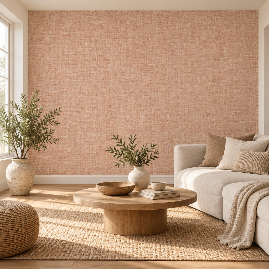 Natural Weave, peel and stick wallpaper styled on a feature wall