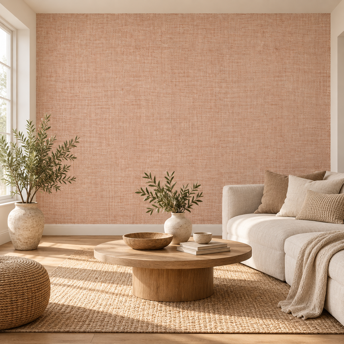 Natural Weave, peel and stick wallpaper styled on a feature wall