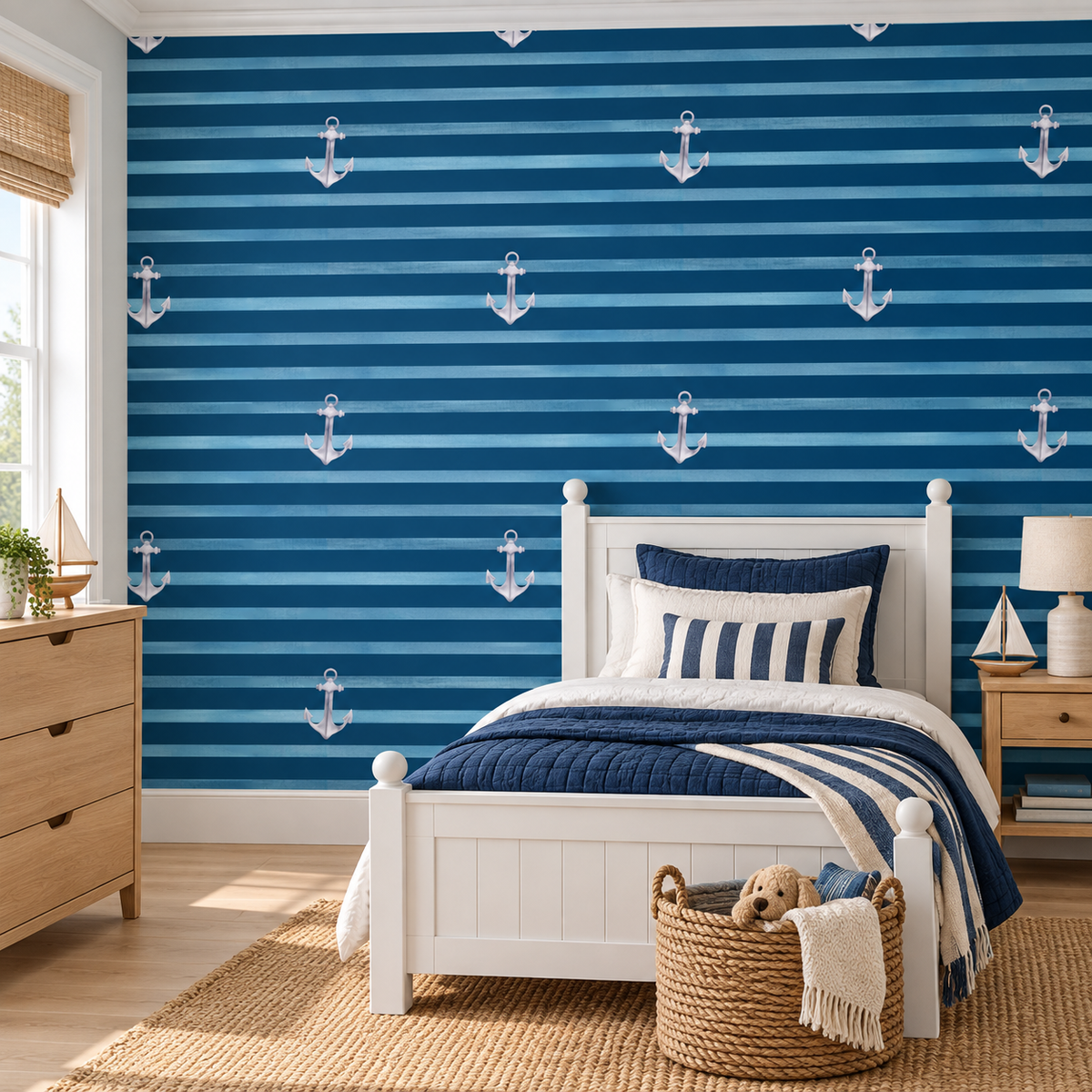 Nautical Anchors peel and stick wallpaper styled on a feature wall