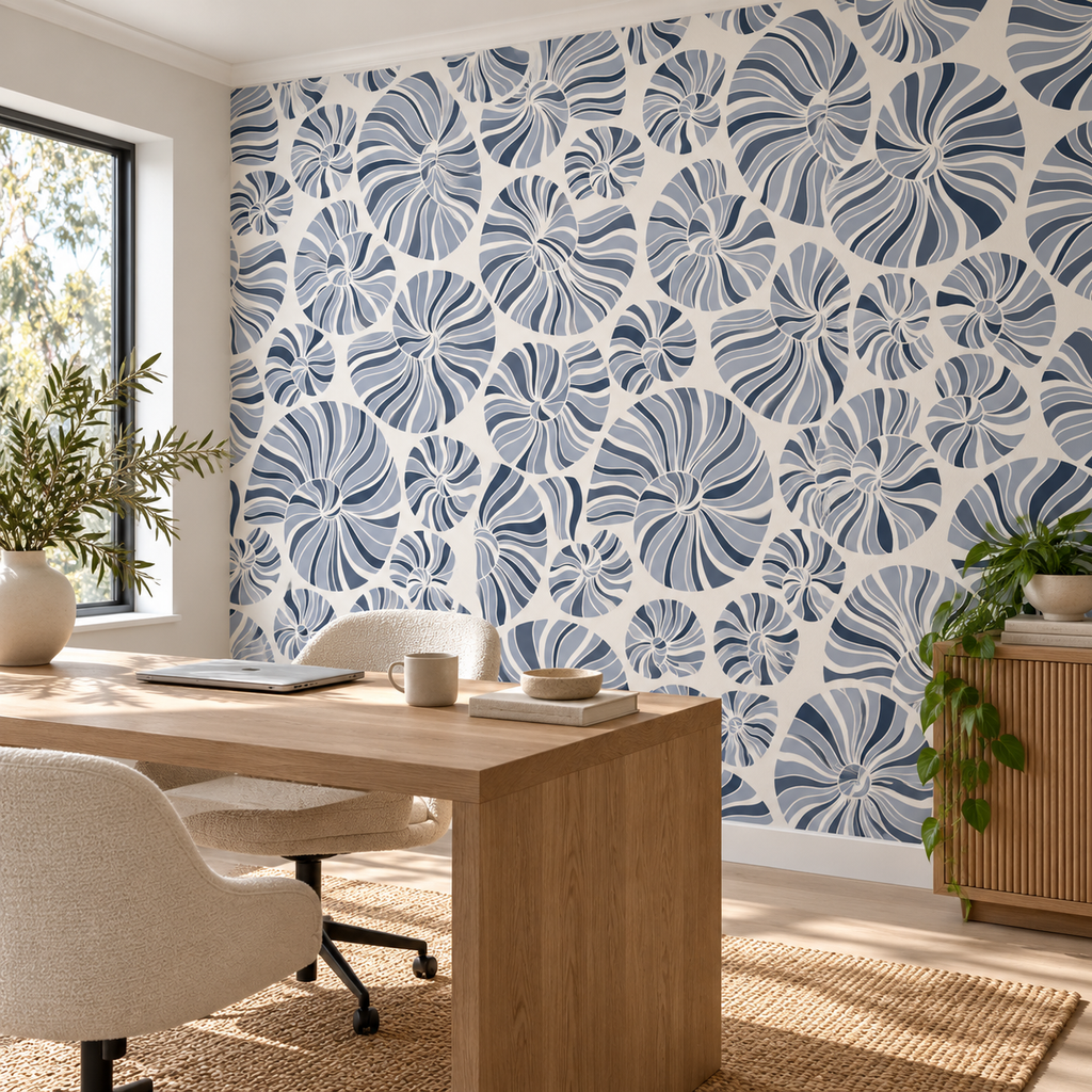 Nautilus Layers, peel and stick wallpaper styled on a feature wall