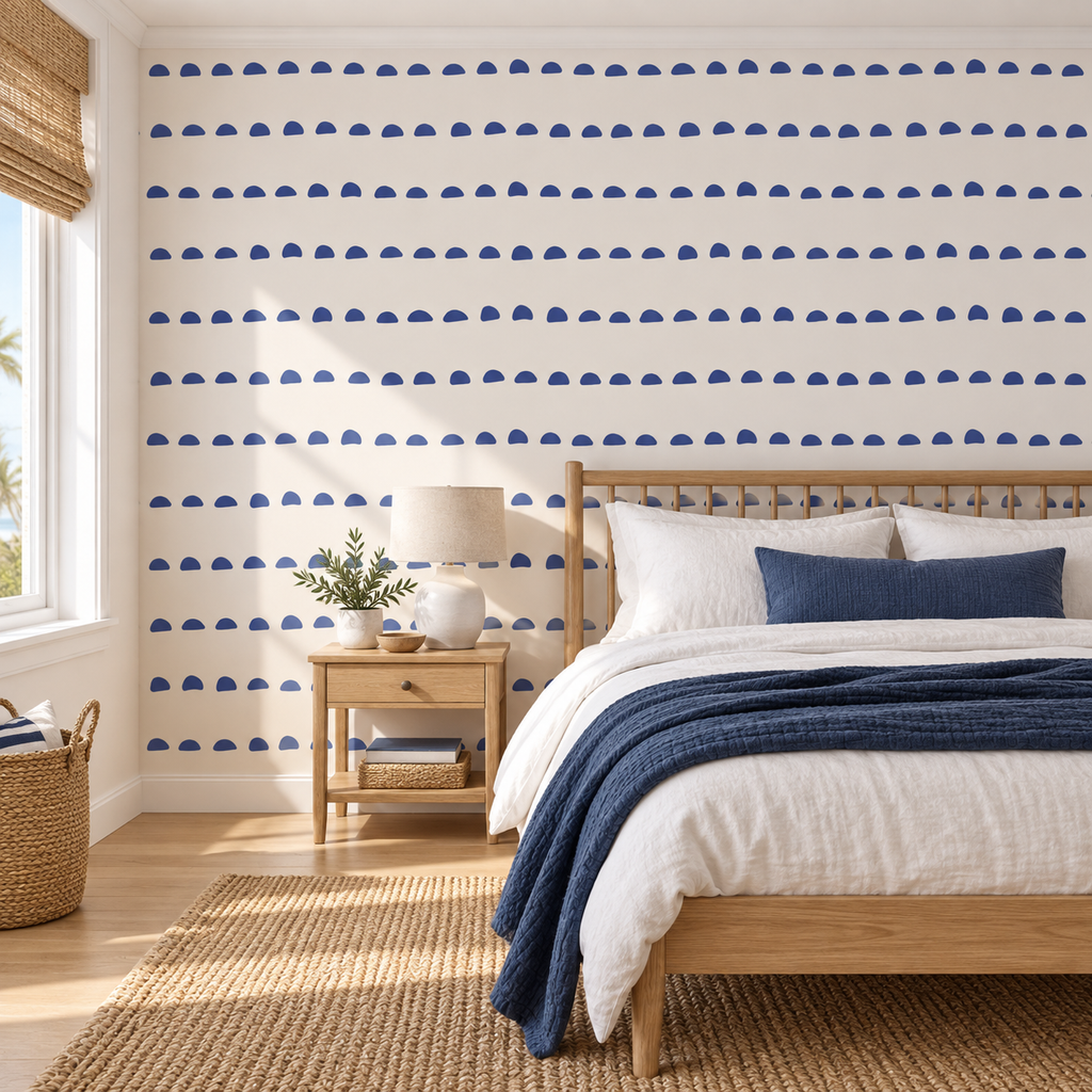 Navy Pebbles peel and stick wallpaper styled on a feature wall