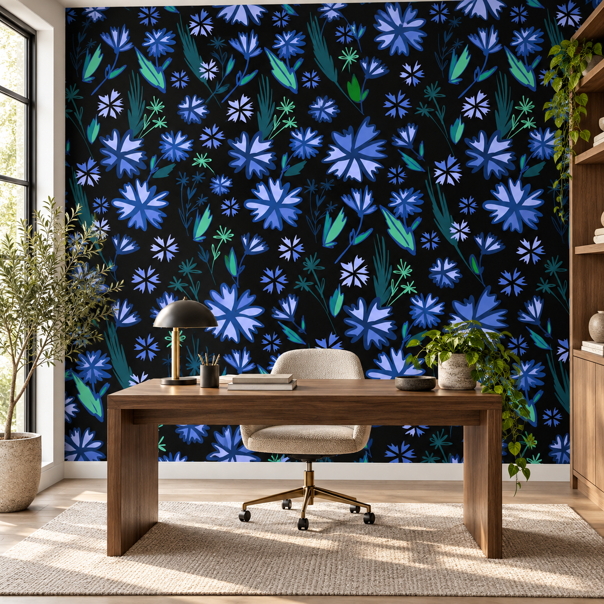 Night Florals, peel and stick wallpaper styled on a feature wall