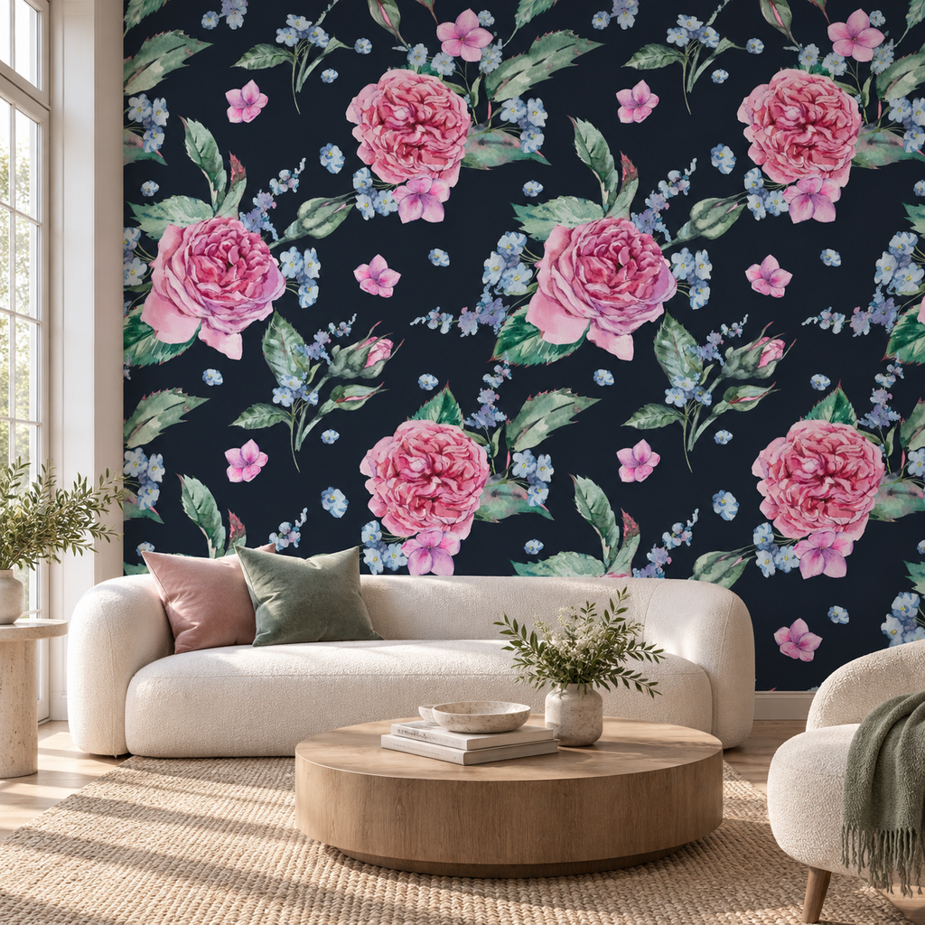 Nocturne, peel and stick wallpaper styled on a feature wall