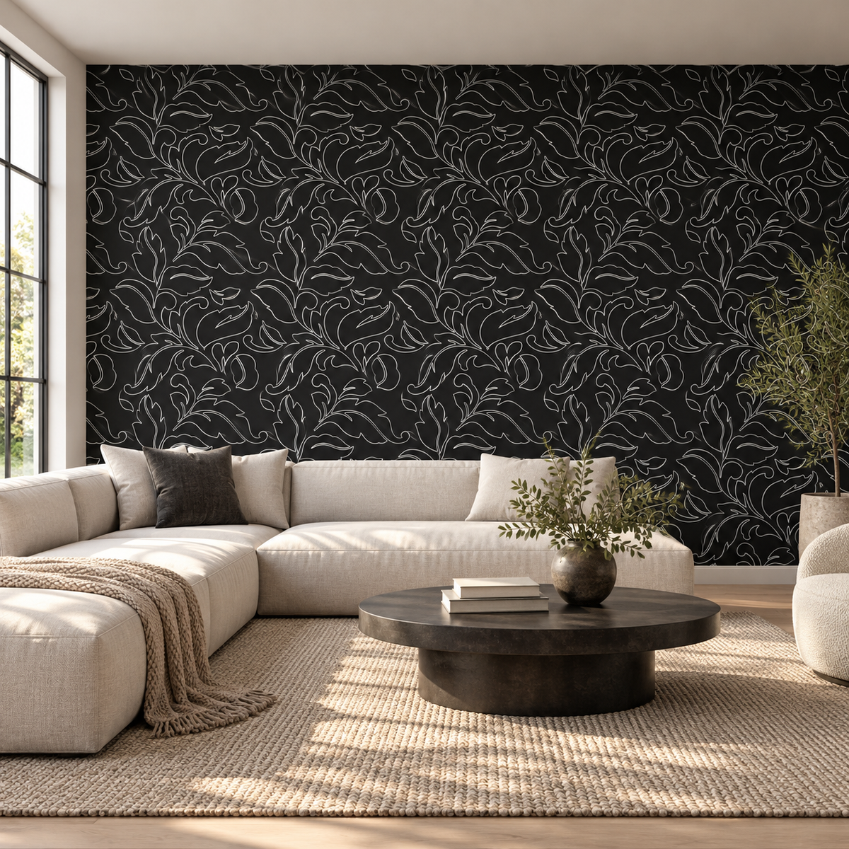 Noir Damask, peel and stick wallpaper styled on a feature wall
