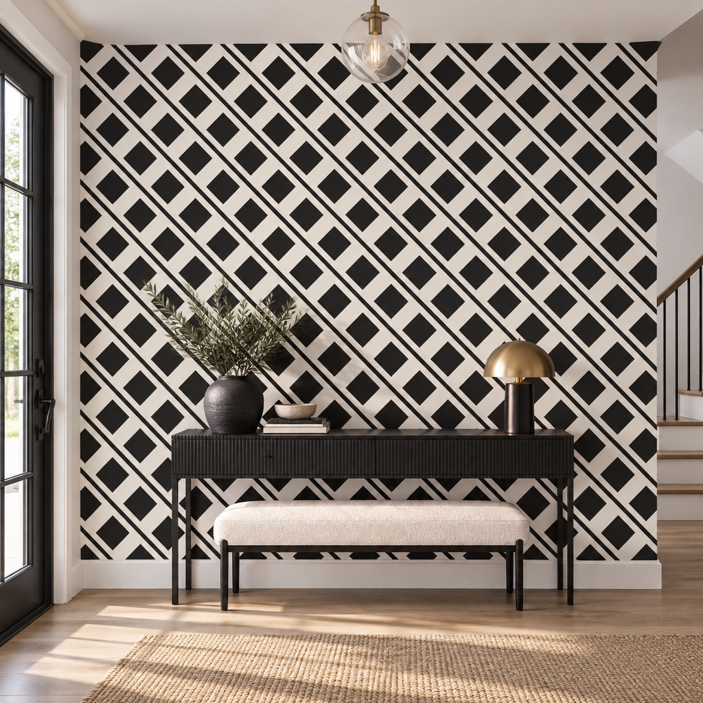 Noir Diamonds, peel and stick wallpaper styled on a feature wall