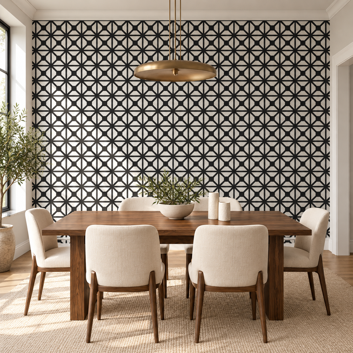 Obsidian Lattice, peel and stick wallpaper styled on a feature wall