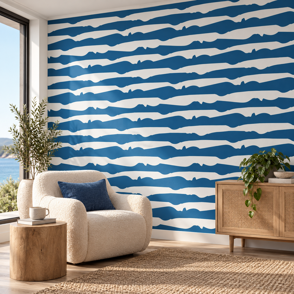 Ocean Bands, peel and stick wallpaper styled on a feature wall