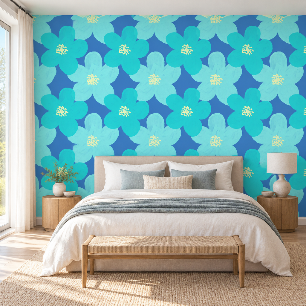 Ocean Blossoms, peel and stick wallpaper styled on a feature wall