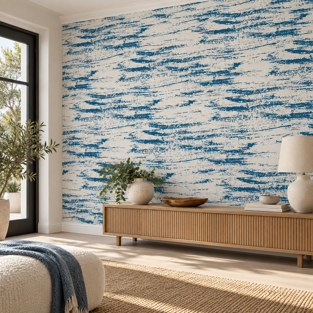 Ocean Brush, peel and stick wallpaper styled on a feature wall