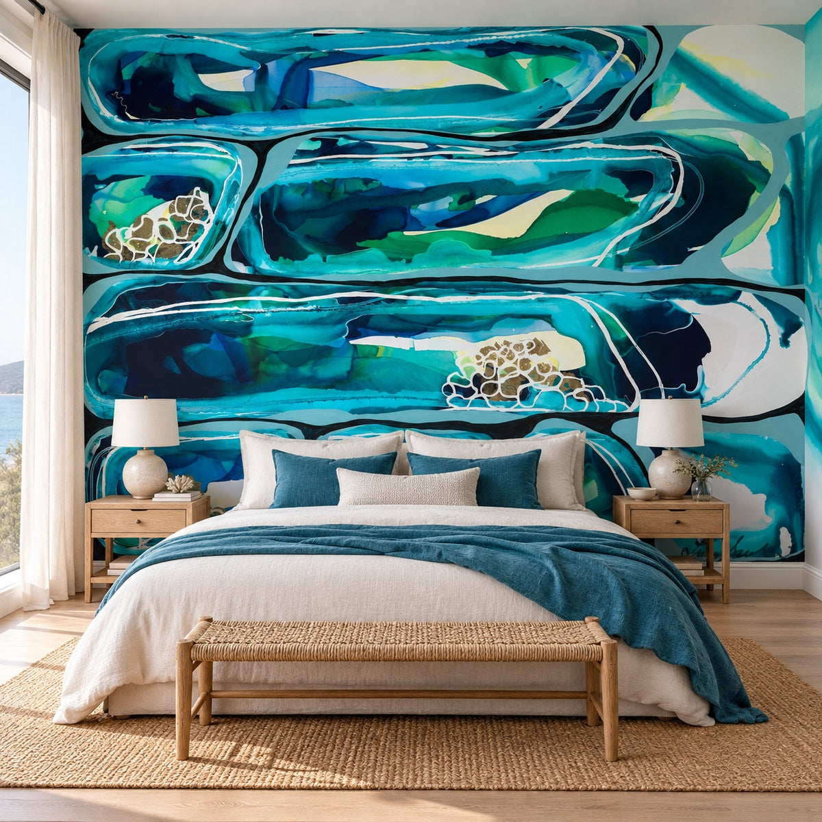 Ocean Dance mural by Lara Scolari, peel and stick wallpaper styled in a room
