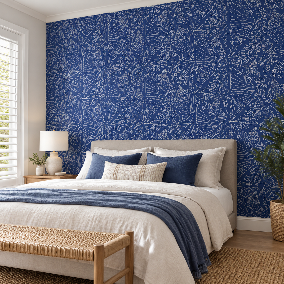 Ocean Etchings, peel and stick wallpaper styled on a feature wall