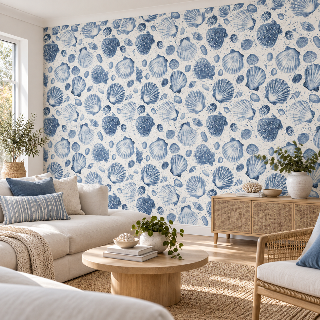Ocean Keepsakes, peel and stick wallpaper styled on a feature wall