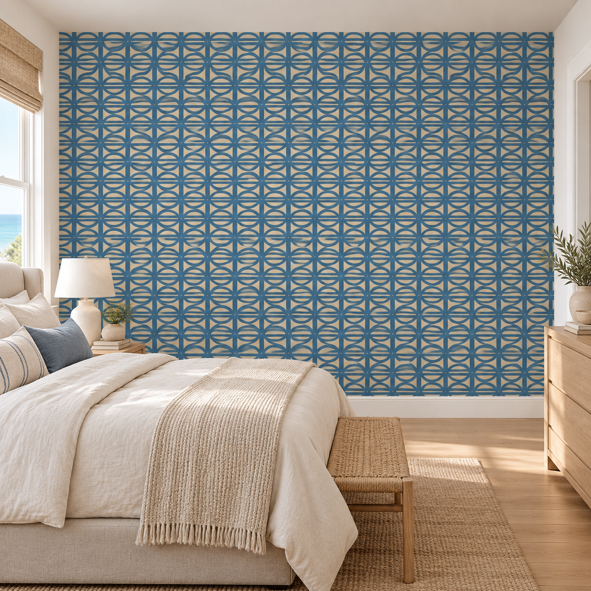 Ocean Lattice, peel and stick wallpaper styled on a feature wall