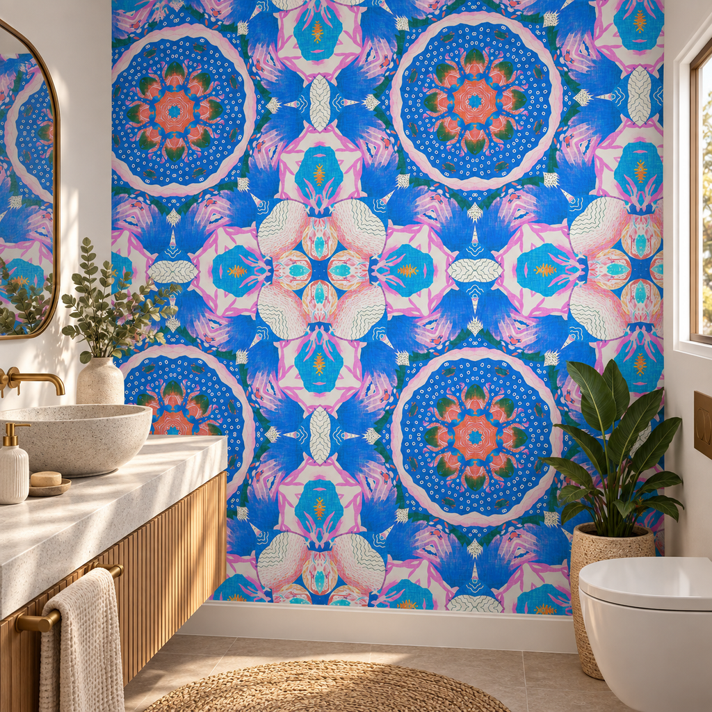 Ocean Mandala, peel and stick wallpaper styled on a feature wall
