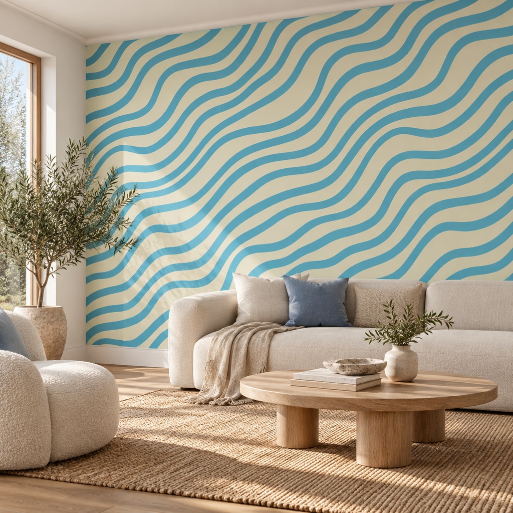 Ocean Ribbons, peel and stick wallpaper styled on a feature wall