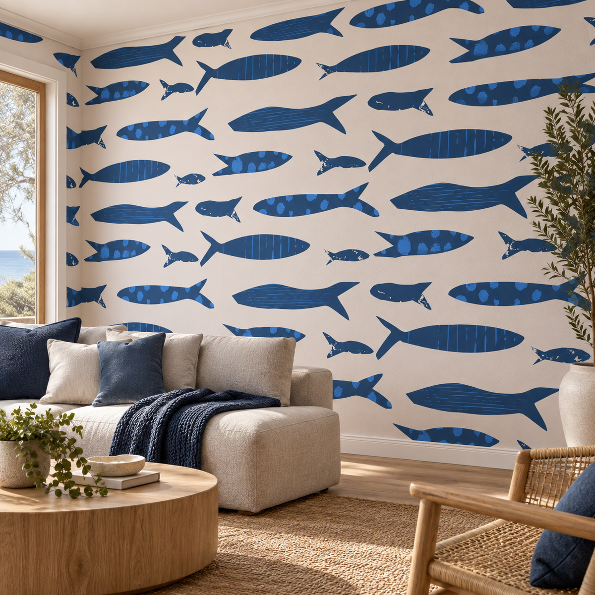Ocean Shoal, peel and stick wallpaper styled on a feature wall