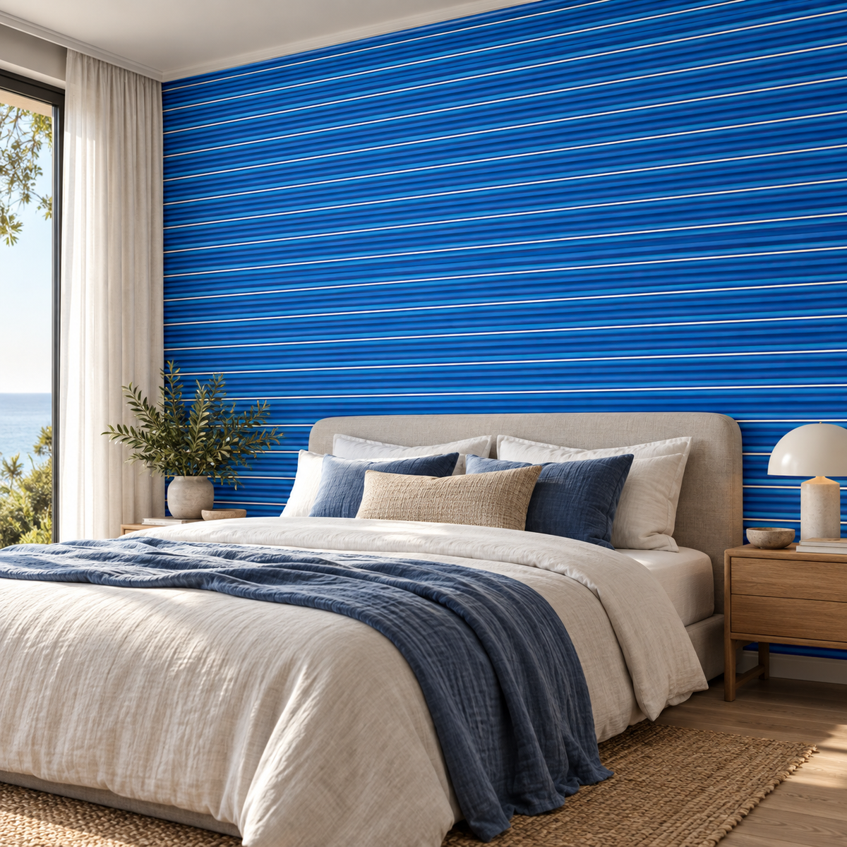 Ocean Strata, peel and stick wallpaper styled on a feature wall