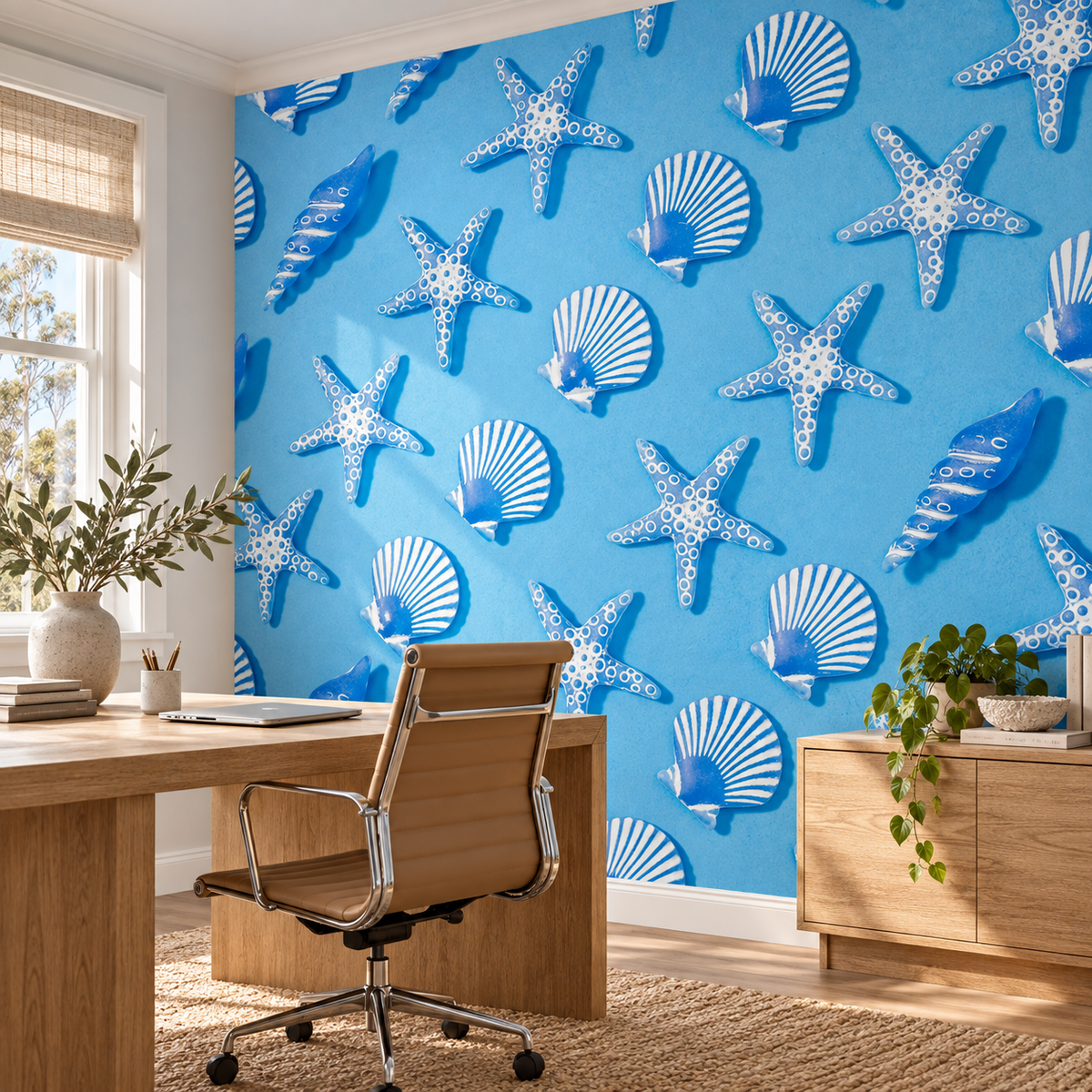 Ocean Treasures, peel and stick wallpaper styled on a feature wall