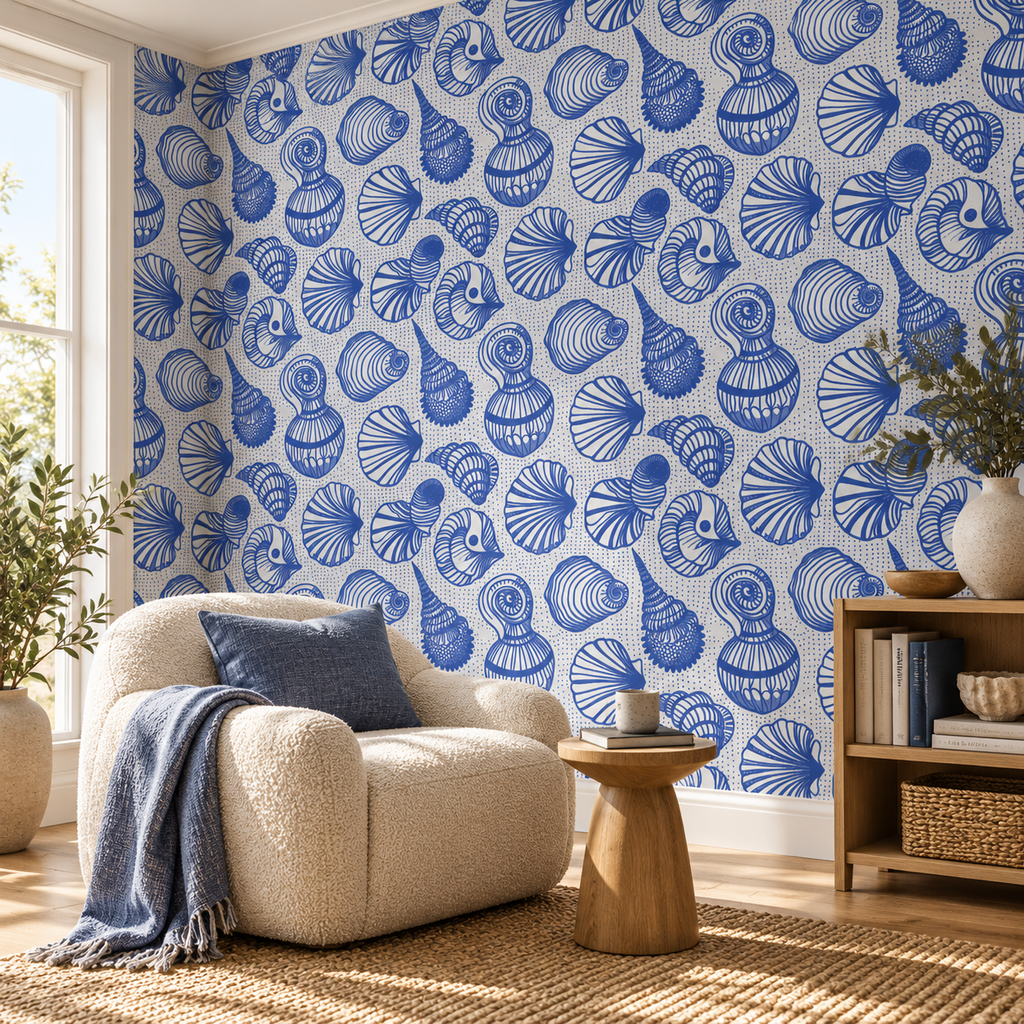 Ocean Trinkets, peel and stick wallpaper styled on a feature wall
