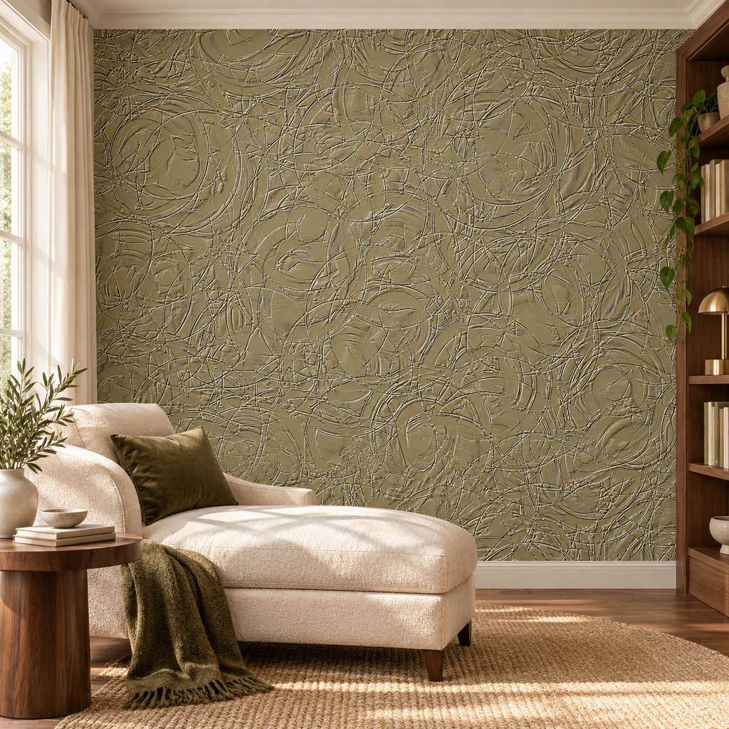 Olive Emboss, peel and stick wallpaper styled on a feature wall