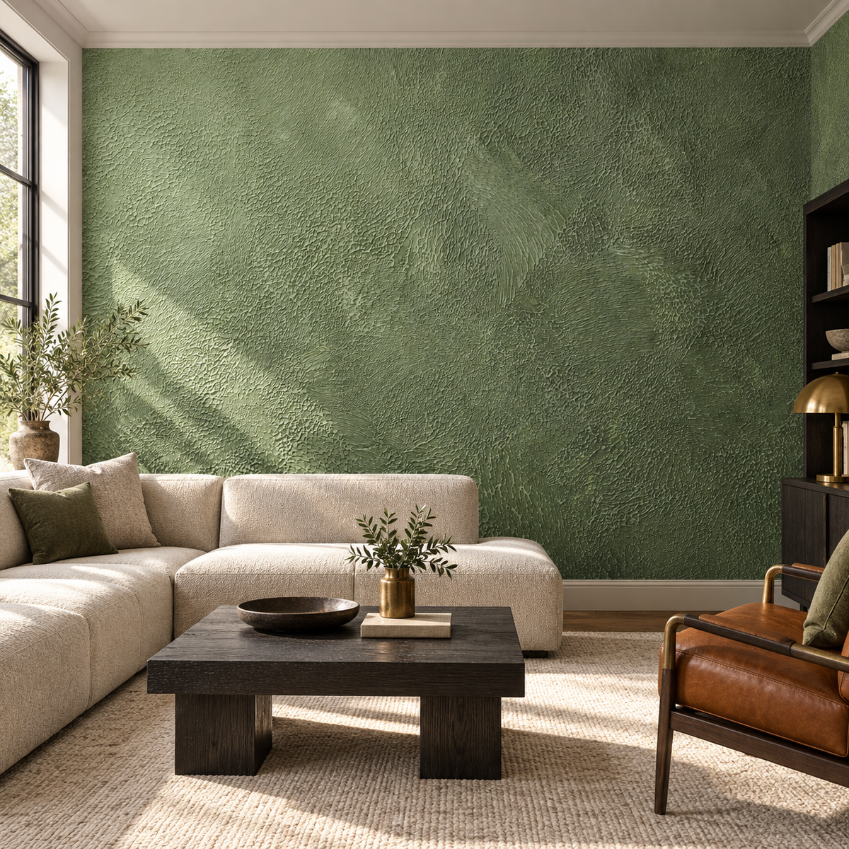 Olive Leather, peel and stick wallpaper styled on a feature wall