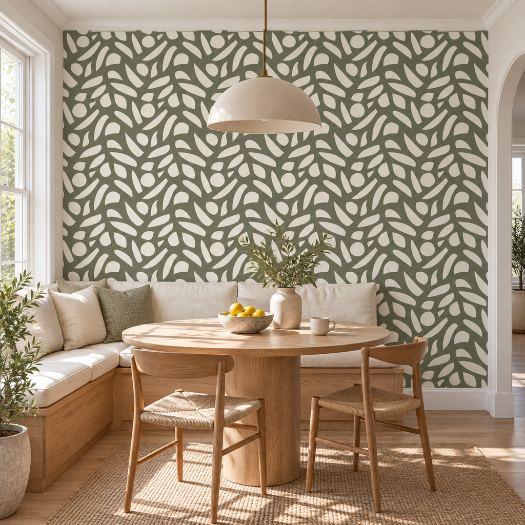 Olive Mosaic, peel and stick wallpaper styled on a feature wall