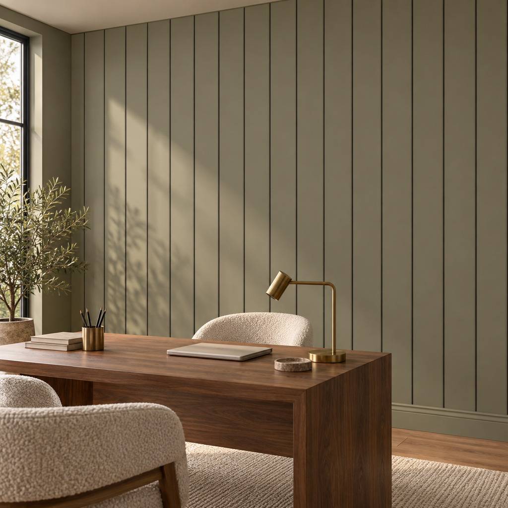 Olive Panels, peel and stick wallpaper styled on a feature wall
