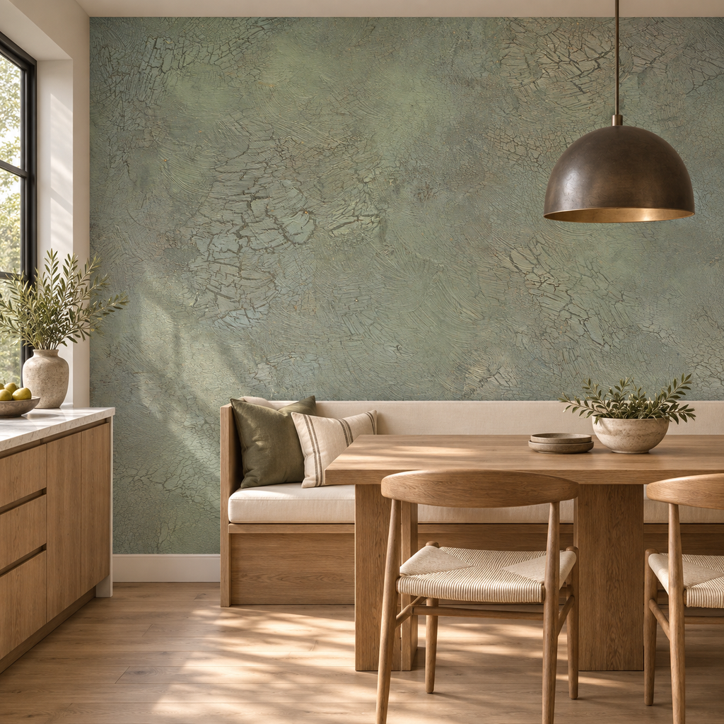 Olive Patina, peel and stick wallpaper styled on a feature wall