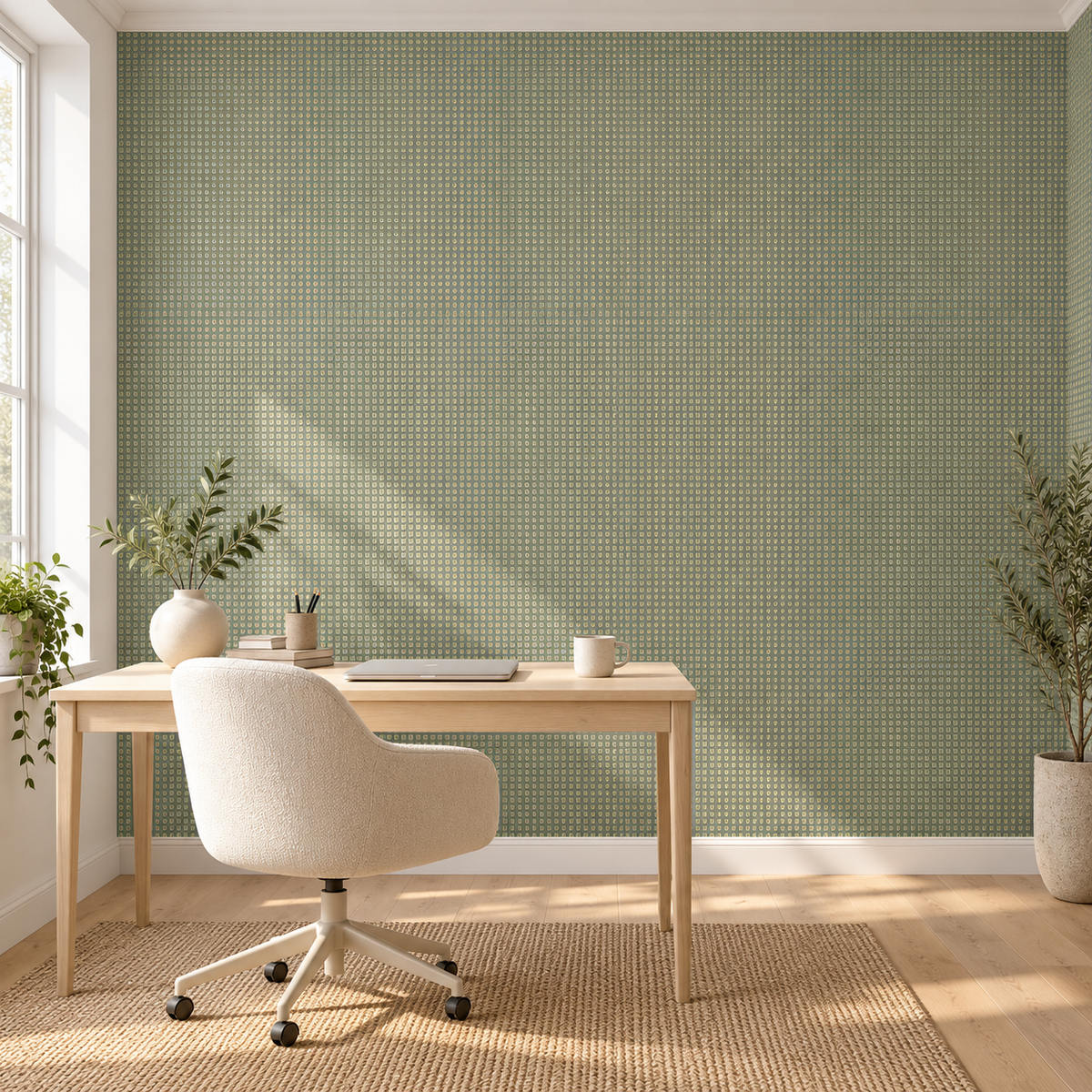 Olive Pixels, peel and stick wallpaper styled on a feature wall