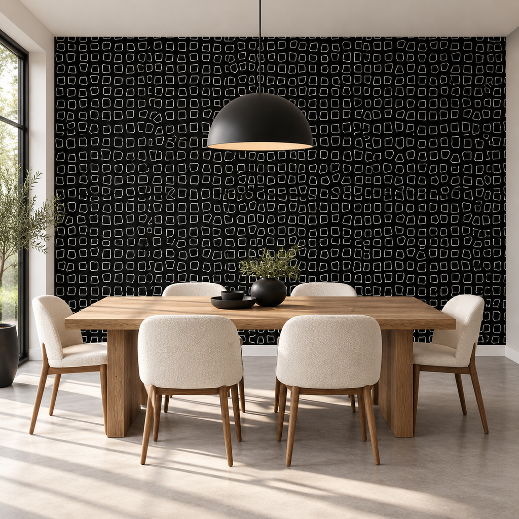Onyx Maze, peel and stick wallpaper styled on a feature wall
