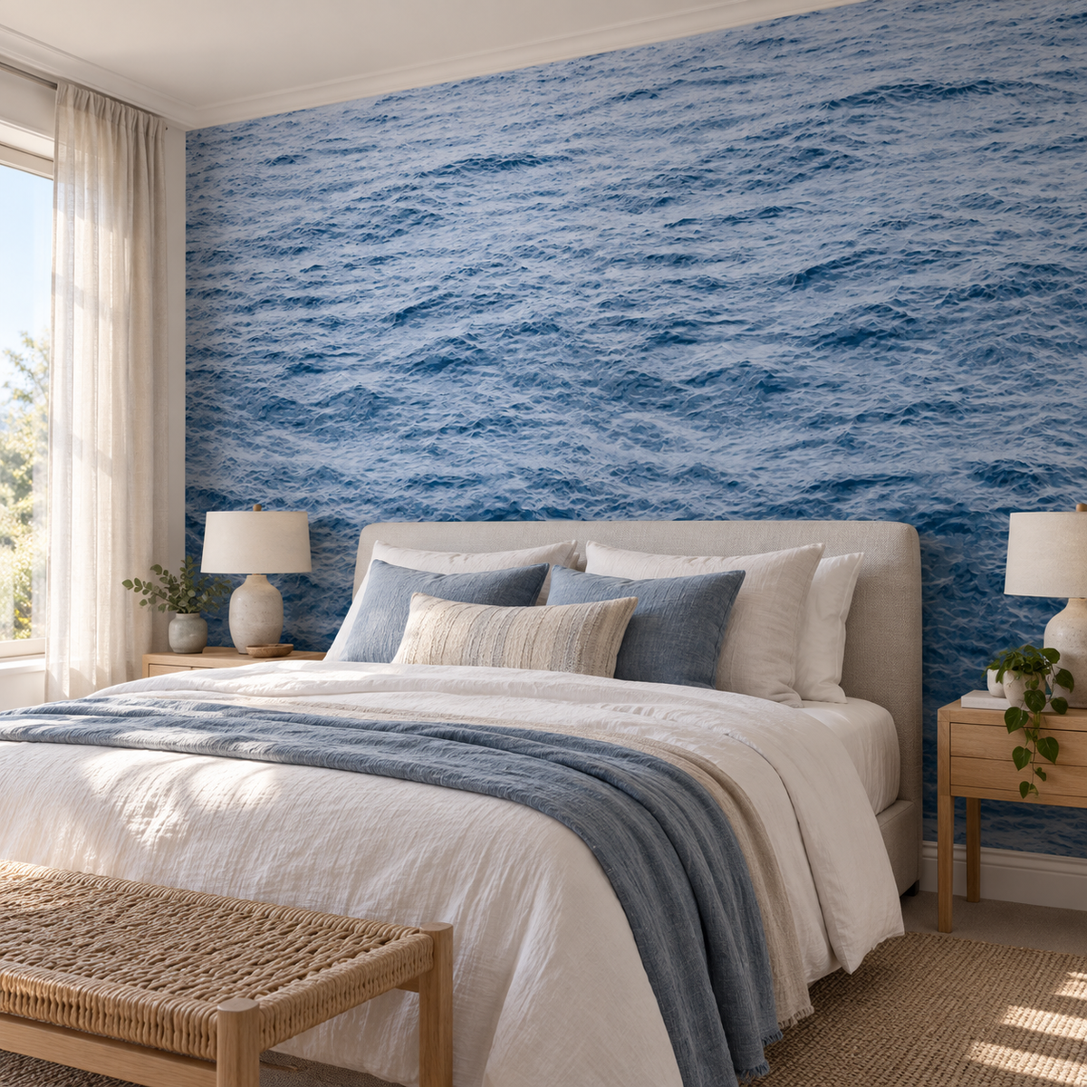 Open Water, peel and stick wallpaper styled on a feature wall